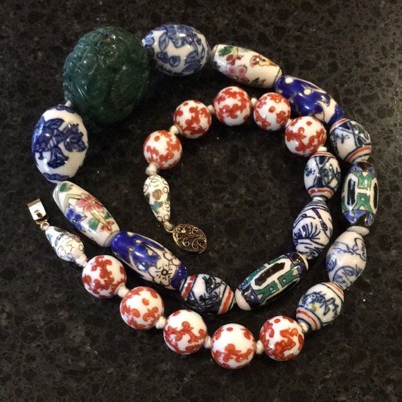 Vintage Caved Jade & Ceramic Painted Bead Necklace - Picture 14 of 16